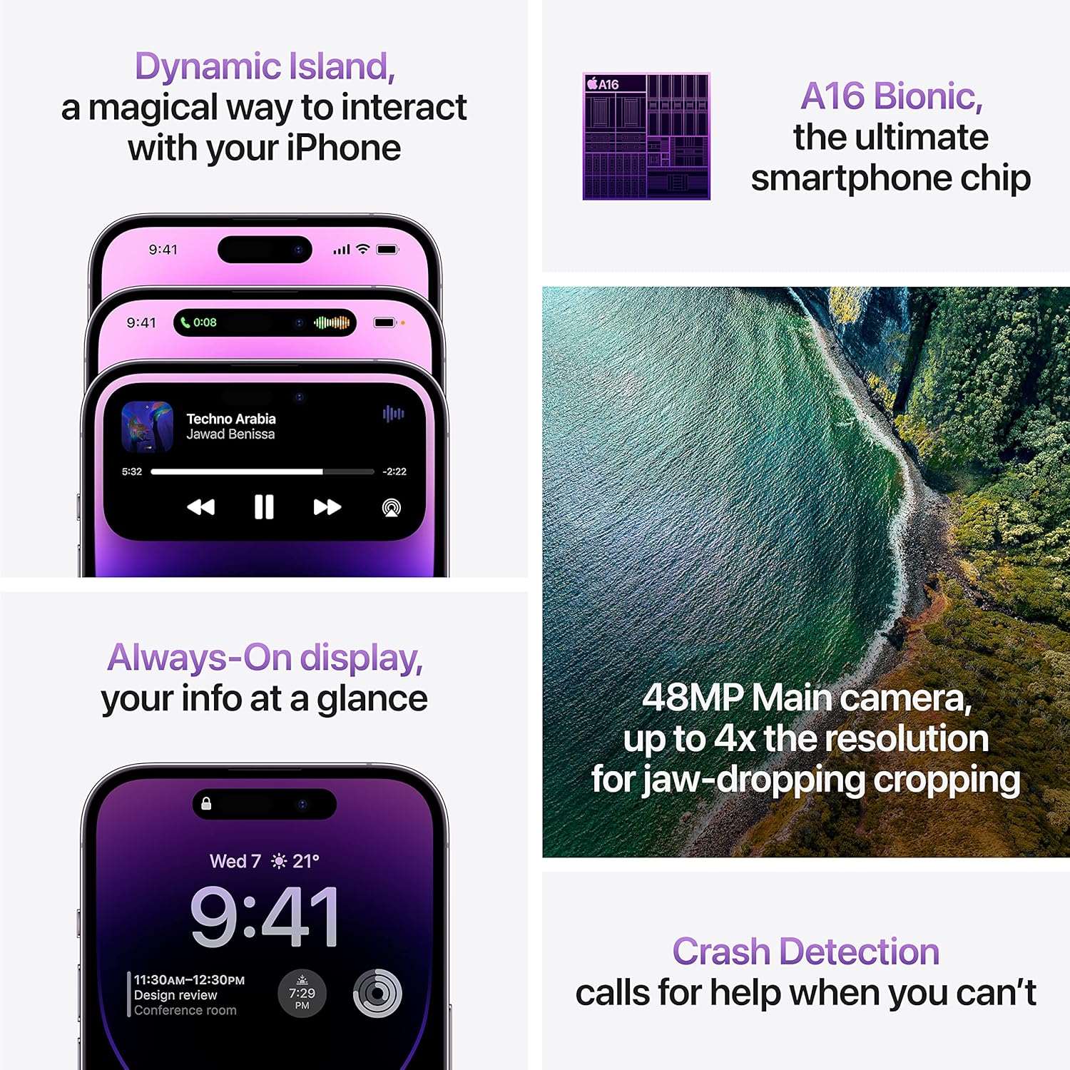 Deep Purple iPhone 14 Pro Max with purple screen, two-panel display view