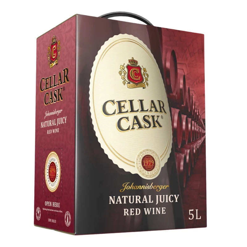 5L red wine cask carton, burgundy and black with gold crest and front label