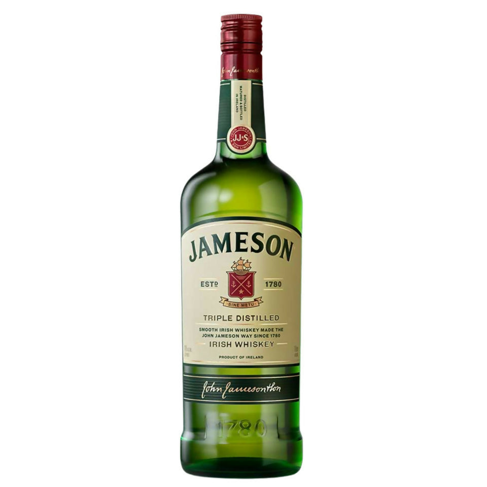 Jameson Irish whiskey bottle, green glass with red cap and front label