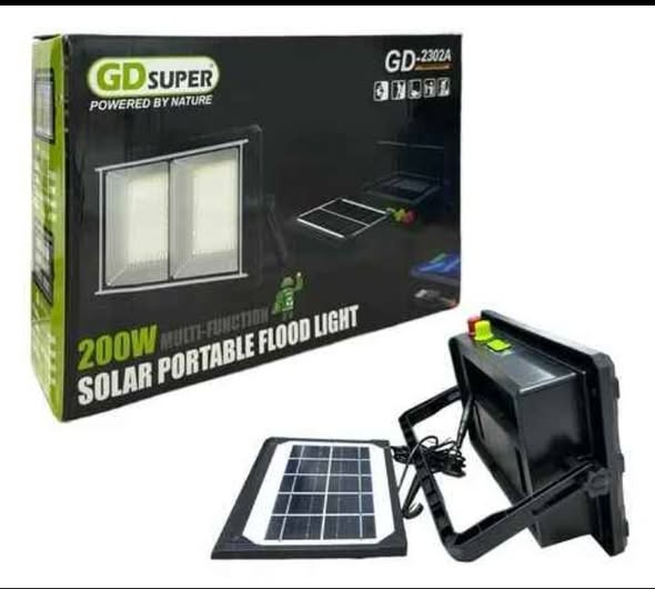 Solar LED portable flood light with black housing and fold-out solar panel, kit shown