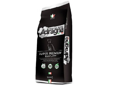 Super premium dog food 20 kg bag in black with Adragna logo