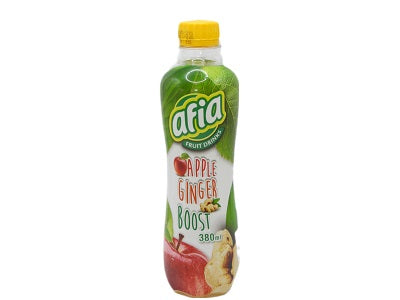 Afia apple ginger boost bottle with yellow cap and green label