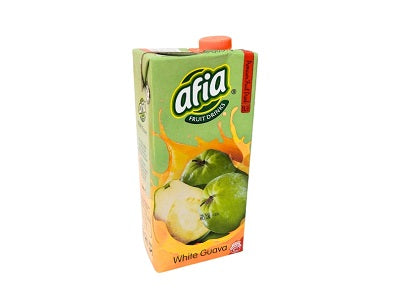 Afia white guava juice carton with green border and guava fruit graphics