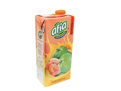 Afia pink guava juice carton with pink-and-orange graphics and guava leaves