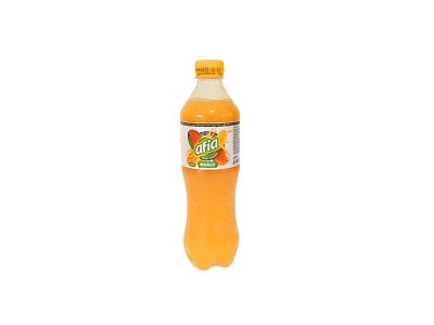 Afia mango fruit drink bottle with yellow cap and orange drink
