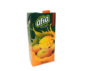 Afia mango juice carton with orange mango fruit and drink graphics