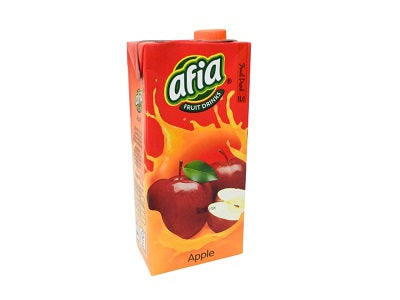 Afia apple fruit drink carton, orange with fruit and leaf graphics