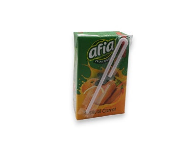 Afia tropical carrot juice carton, green cover with carrot and citrus graphics