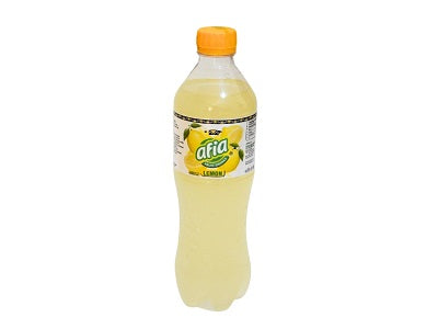 Afia lemon juice bottle with yellow cap and pale yellow drink