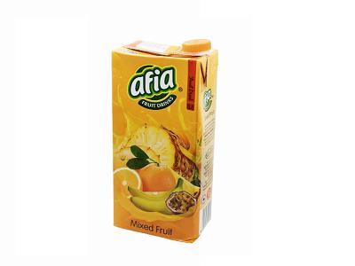 Afia mixed fruit juice carton, orange and yellow fruit graphics, gable-top