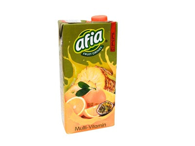 Afia multi-vitamin juice carton, green and peach fruit artwork, gable-top