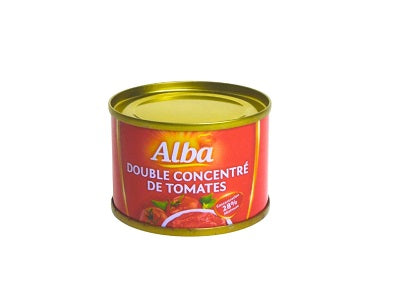 Alba tomato paste can, round tin with gold lid and red label
