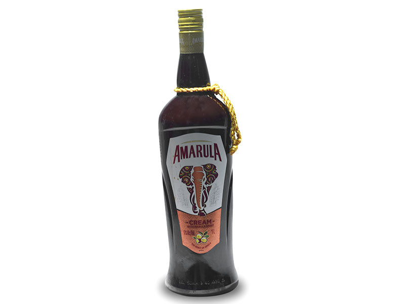 Amarula cream liqueur bottle, dark brown glass with cream label and gold tied neck