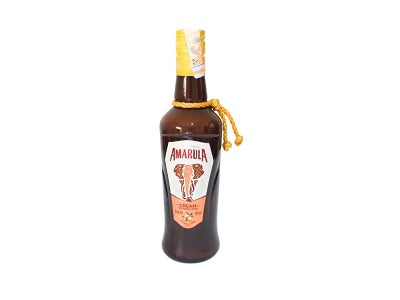Amarula cream liqueur bottle, dark brown glass with gold rope tie and cream label