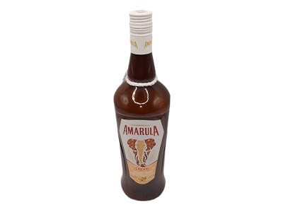 Amarula liqueur bottle, dark brown glass with white cap and cream label