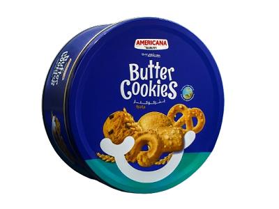 Blue round butter cookie tin with Americana branding and cookie graphic