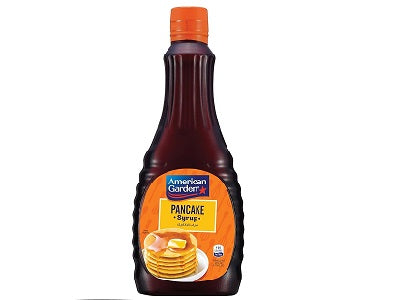 American Garden pancake syrup bottle with orange cap, 710 ml