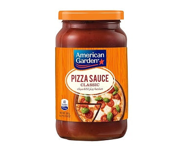 American Garden Pizza sauce classic jar with orange lid and red sauce