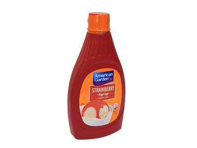 American Garden Strawberry syrup bottle with orange cap and front label