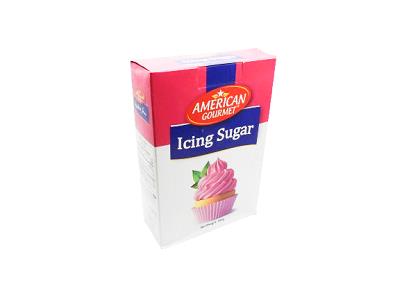 American Gourmet icing sugar 500 g box, red and white with cupcake graphic