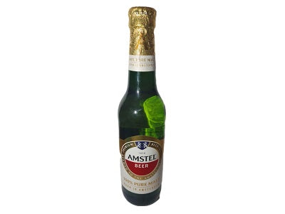 Dark green beer bottle with gold foil top and Amstel Beer label