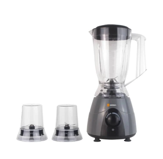 2-in-1 countertop blender with clear jar, dark base, and two blending cups