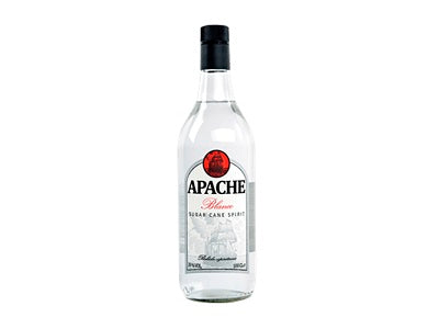 Apache Blanco Sprite bottle, clear glass, black cap, red label, 100 cl