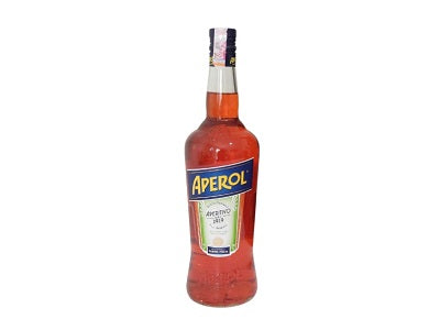 Aperol orange aperitif bottle, 1L size, red-orange liquid, front label