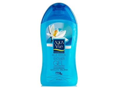 Aqua Vera shower gel bottle, blue translucent with pump cap