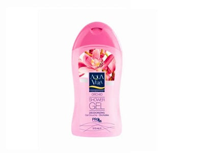Aqua Vera shower gel bottle, pink translucent with pump cap