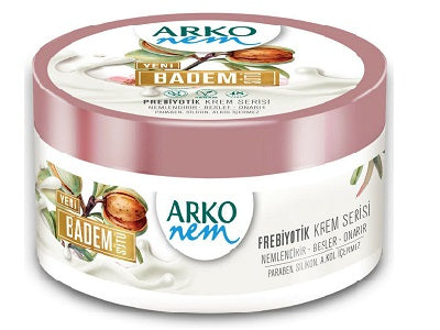 Arko prebiotic almond milk cream jar with pink and white lid