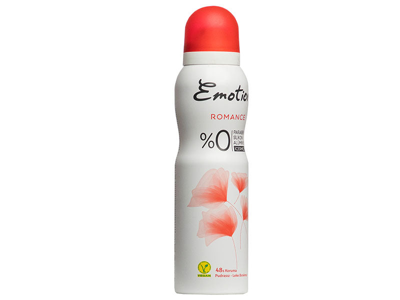 Aromel Emotion deodorant spray with red cap, white bottle and pink flower graphics.