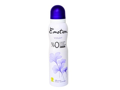 Violet deodorant spray bottle with purple cap and Emotion label