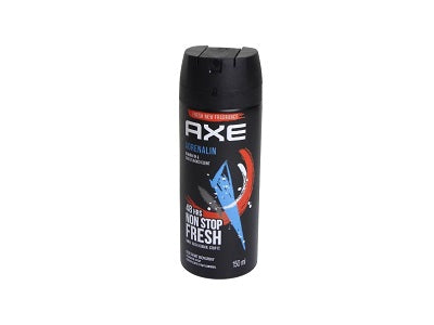 Axe Adrenalin body spray can, black with blue and red graphics, pump spray