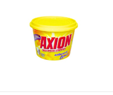 Dishwashing detergent tub with yellow lid and lemon scent label