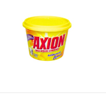 Dishwashing detergent tub with yellow lid and bright lemon graphic