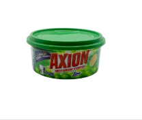 Dishwashing detergent tub with green lid and lime-citrus label
