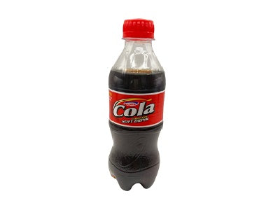 Soft drink bottle with red cap and dark cola, red Cola label