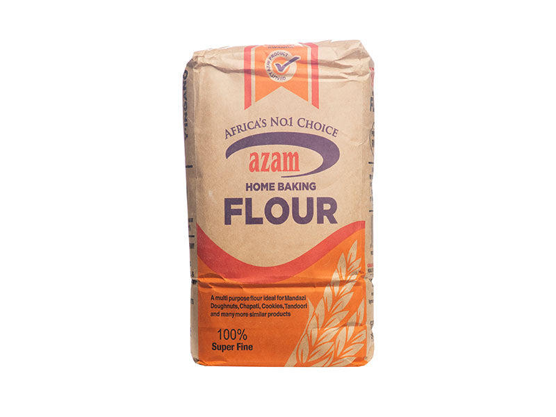 Azam home baking wheat flour bag, 2 kg, beige paper pouch with front label