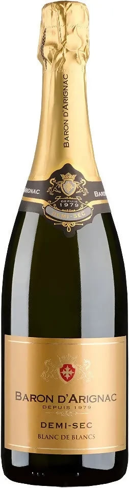 Baron d'arignac demi sec Blanc de Blancs sparkling wine bottle with gold foil neck