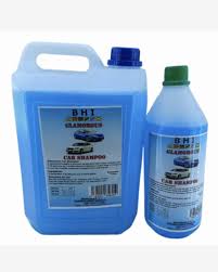 Car shampoo bottles, blue plastic jugs with BHI labels and caps