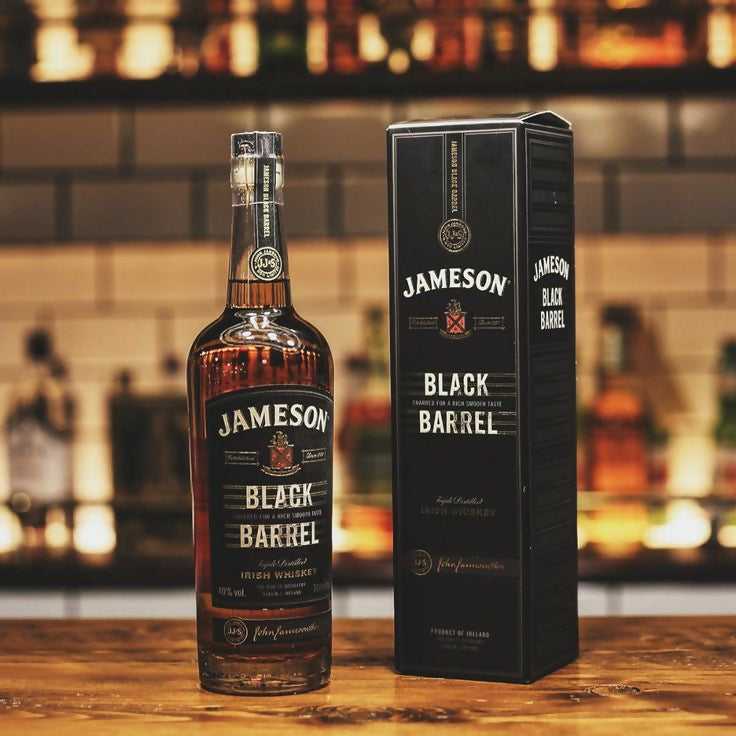 Jameson Black Barrel Irish whiskey bottle with matching black carton box