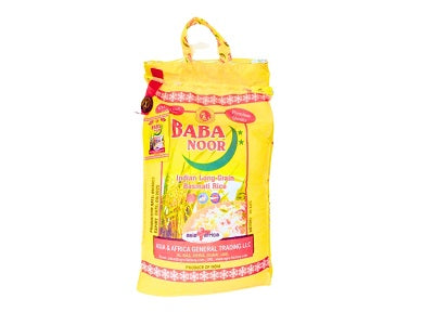 Baba Noor basmati rice bag, yellow with red label and carry handle