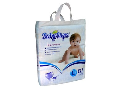 BabySteps diaper bag, size L 87 count, white with blue accents