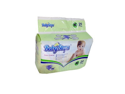 BabySteps diapers pack, size M 20 count, white with green accents