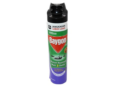 Insecticide spray can with black nozzle cap, purple and blue label, upright 600ml