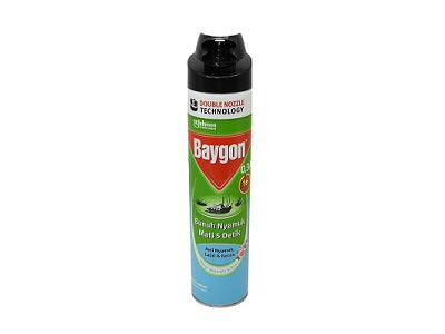 Insecticide spray can with black nozzle cap, blue and white label, tall 600ml bottle