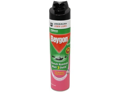 Insecticide spray can with black nozzle cap, pink and red label, upright 600ml