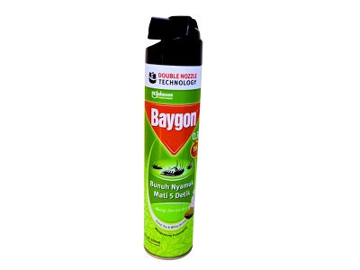 Insecticide spray can with black nozzle cap, green label, front view 600ml