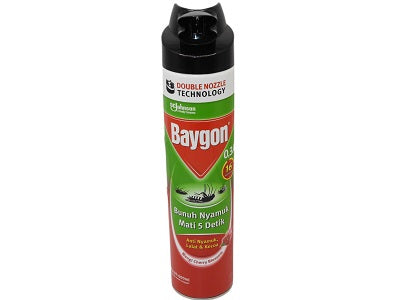 Insecticide spray can with black nozzle cap, green and red label, upright 600ml